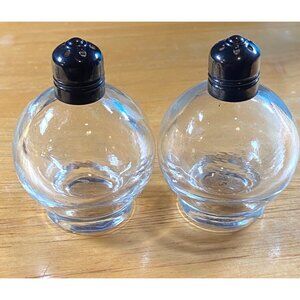 Vintage Clear Glass Salt & Pepper Shakers With Black Metal Tops 2" X 1.5"